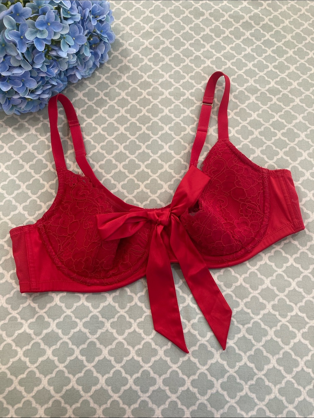 Cacique Quarter Cup Bra Red Lace Satin Bow 42C